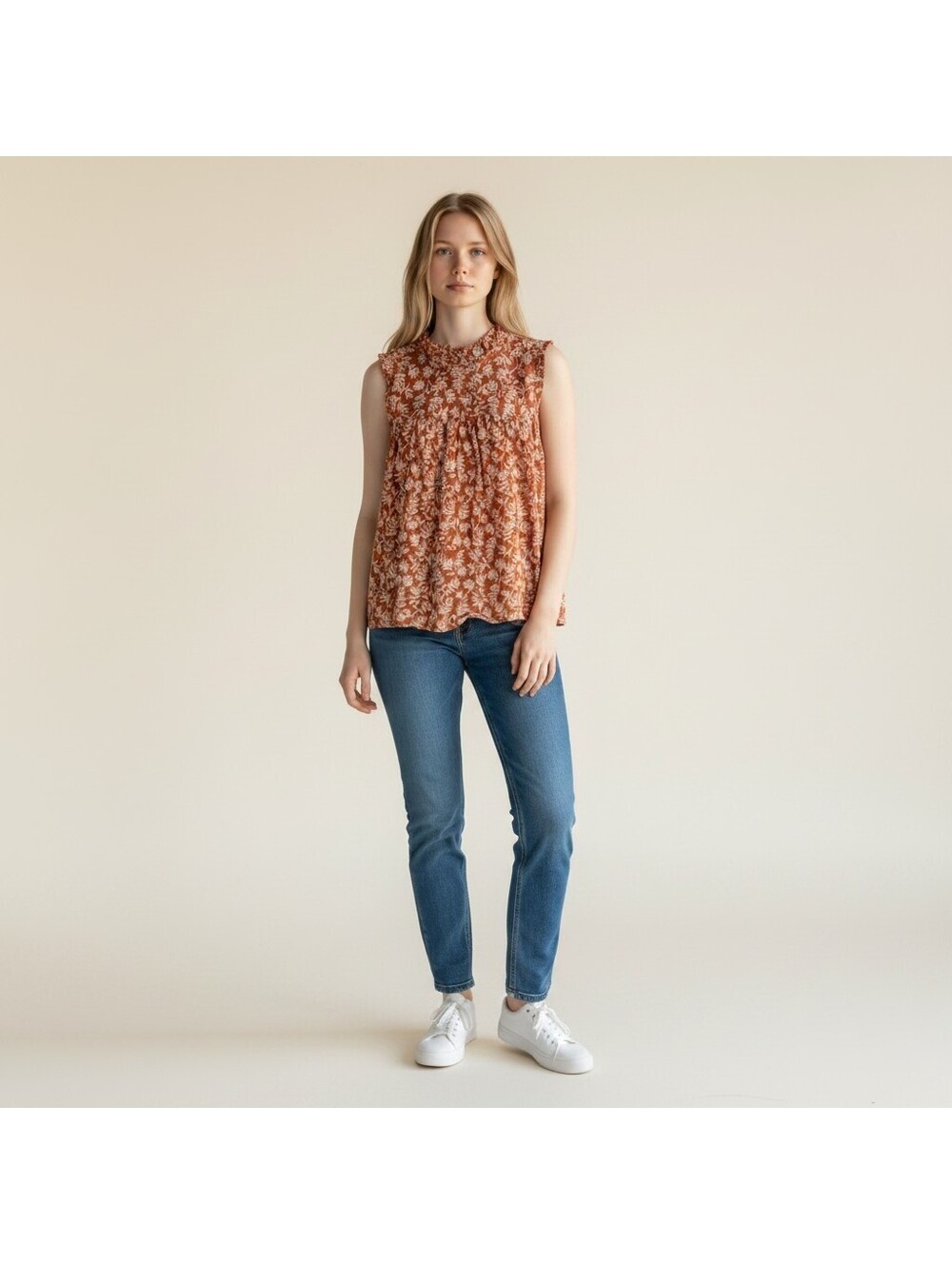 Old Navy Blouse Women XS Brown Floral Sleeveless Wide Strap Hook & Eye Casual